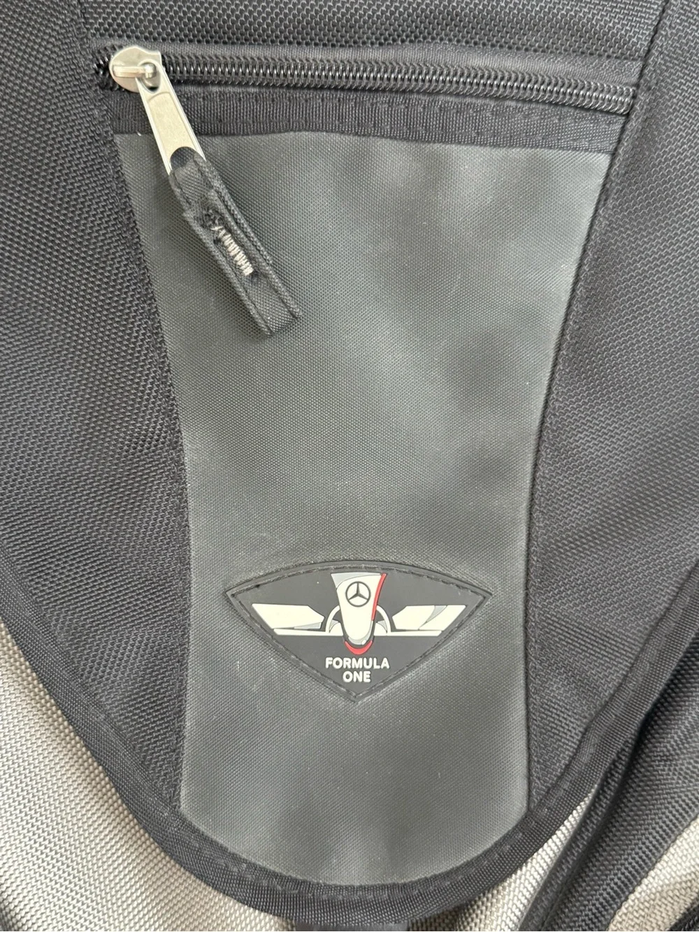 Formula One Mercedes Logo Heavy-Duty Backpack Gray Black Multi Zippered Pockets